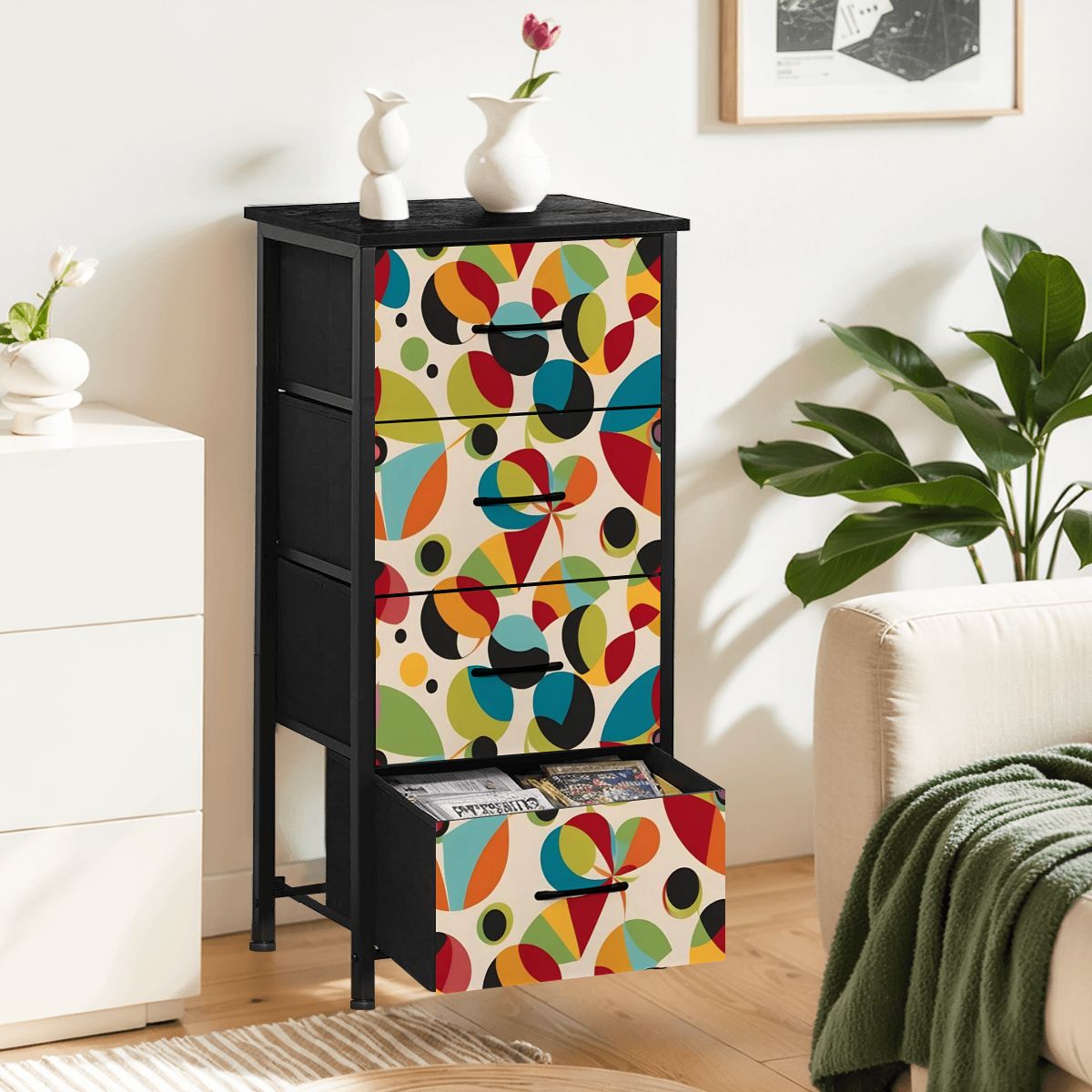 Retro Groovy Orb Abstract Designed Mid Century Modern 4-Drawer Dresser - Mid Century Modern Gal