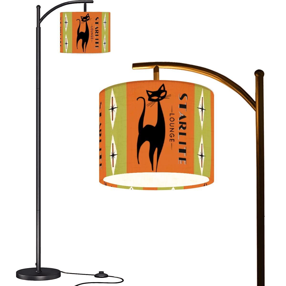 Atomic Cat Mid Century Modern Floor Lamp, Orange Green Starlite Lounge Kitschy Mod Bar Lamp - Mid Century Modern Gal