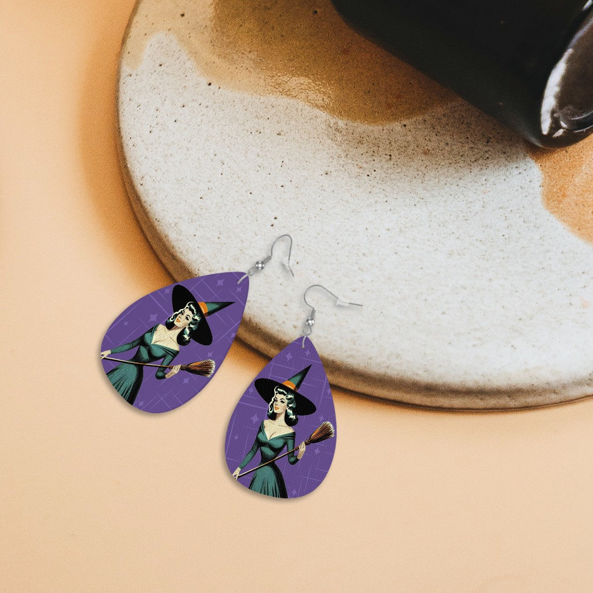 Mid Century Modern Vintage Pin Up Witch Purple Teal Halloween Vegan Leather Teardrop Earrings - Mid Century Modern Gal