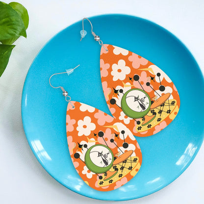 Retro Earrings, 70s Flower Power, Atomic Martini Cat Funky Teardrop Earrings - Mid Century Modern Gal