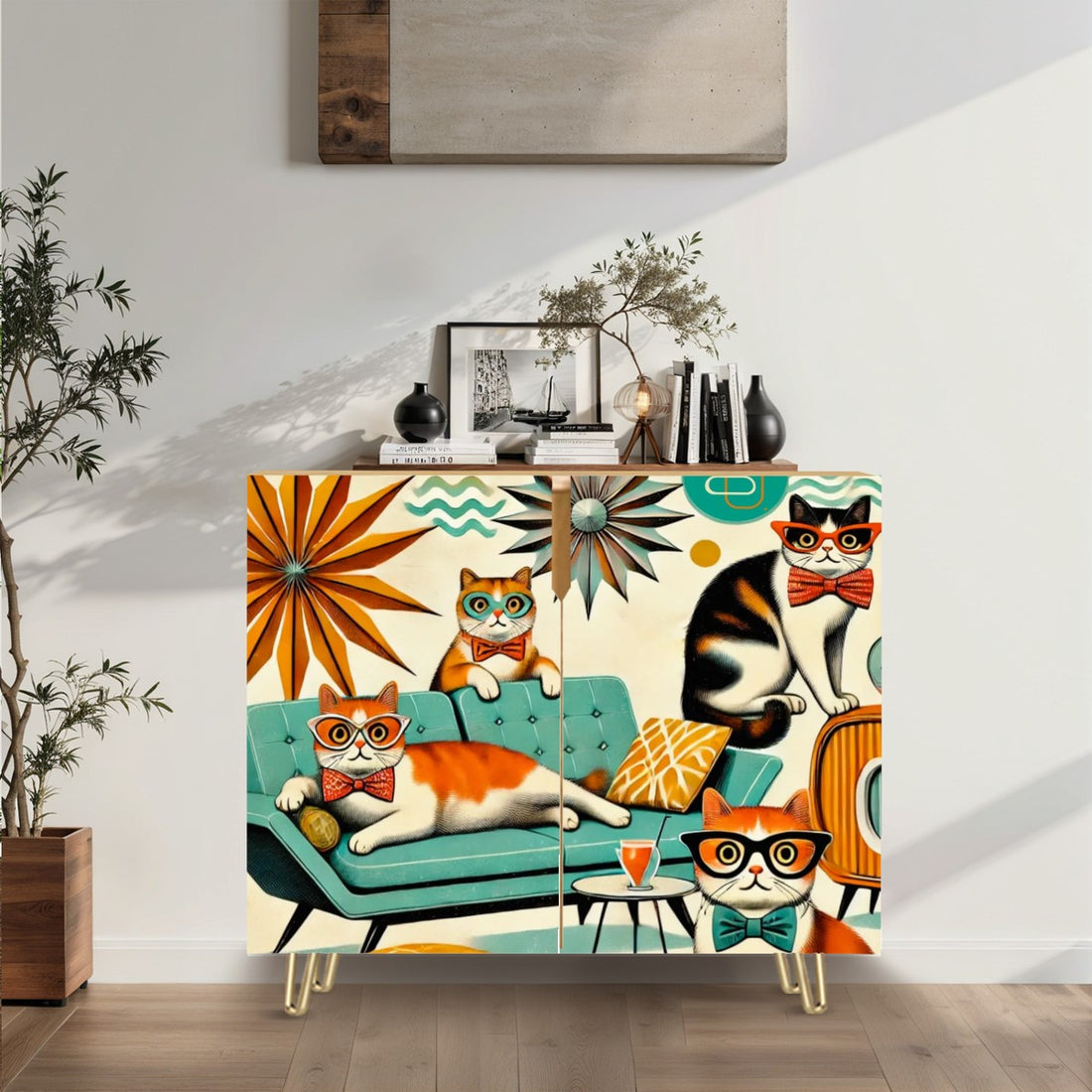 Mid Century Modern Wooden Storage Cabinet, Quirky Cats, Mod Furniture - Mid Century Modern Gal