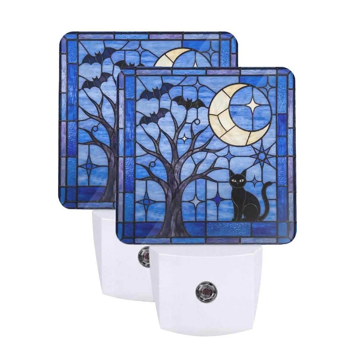 Halloween Stained Glass Style Night Sky Black Cat LED Night Light Set of 2