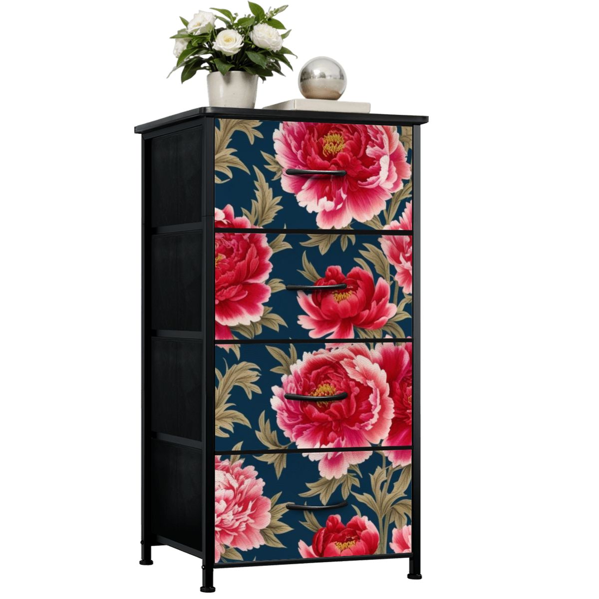 Modern Chinoiserie Royal Blue, Pink Red Floral 4-Drawer Dresser - Mid Century Modern Gal