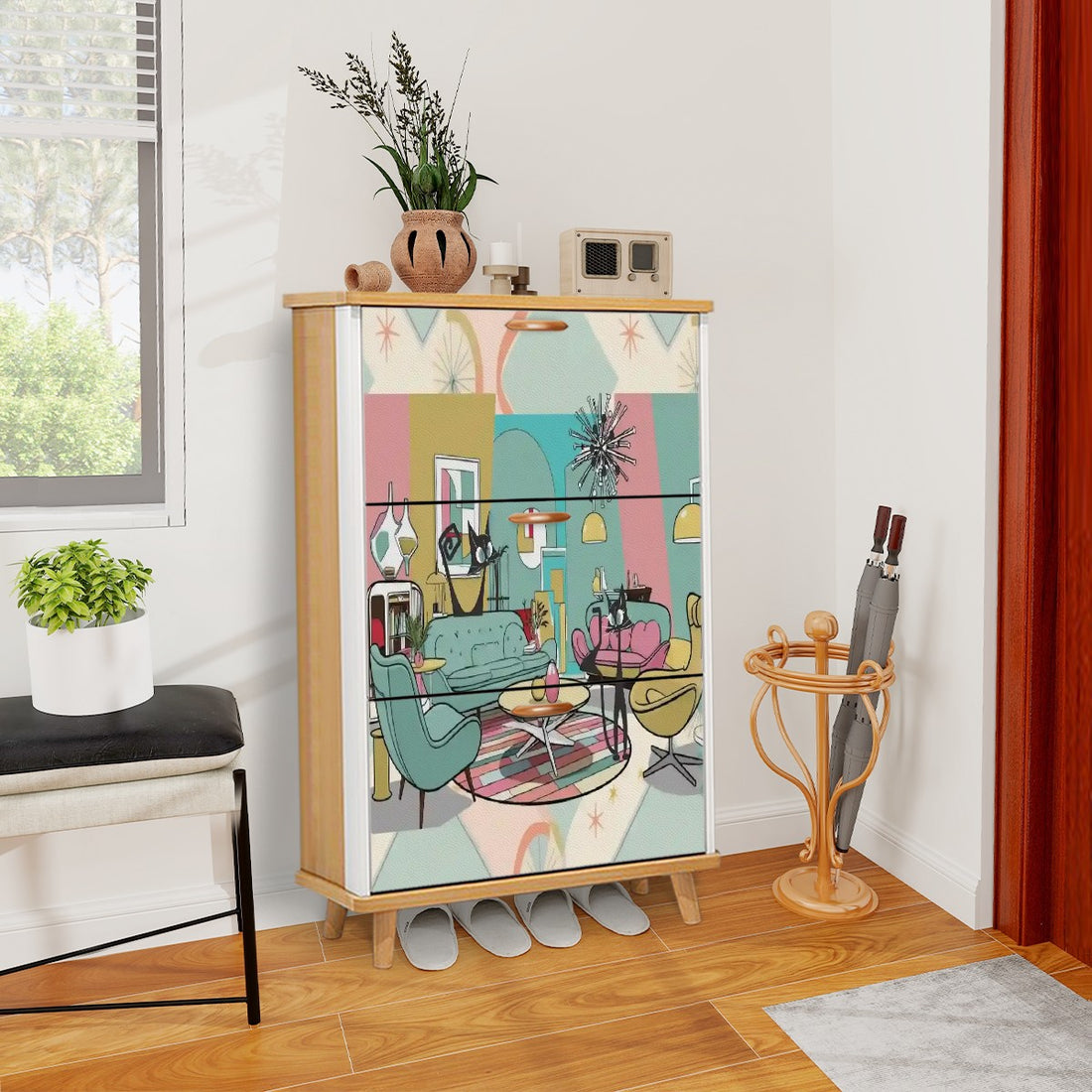 Atomic Cat, Mid Century Modern Lounging Retro Cats, MCM Shoe Cabinet