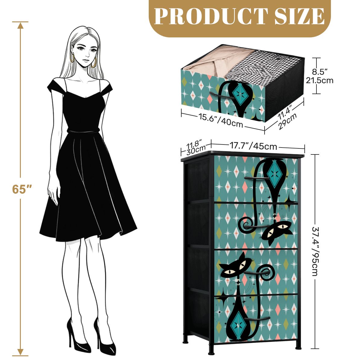 Kitschy Atomic Cat Mid Century Modern Diamonds 4-Drawer Dresser - Mid Century Modern Gal