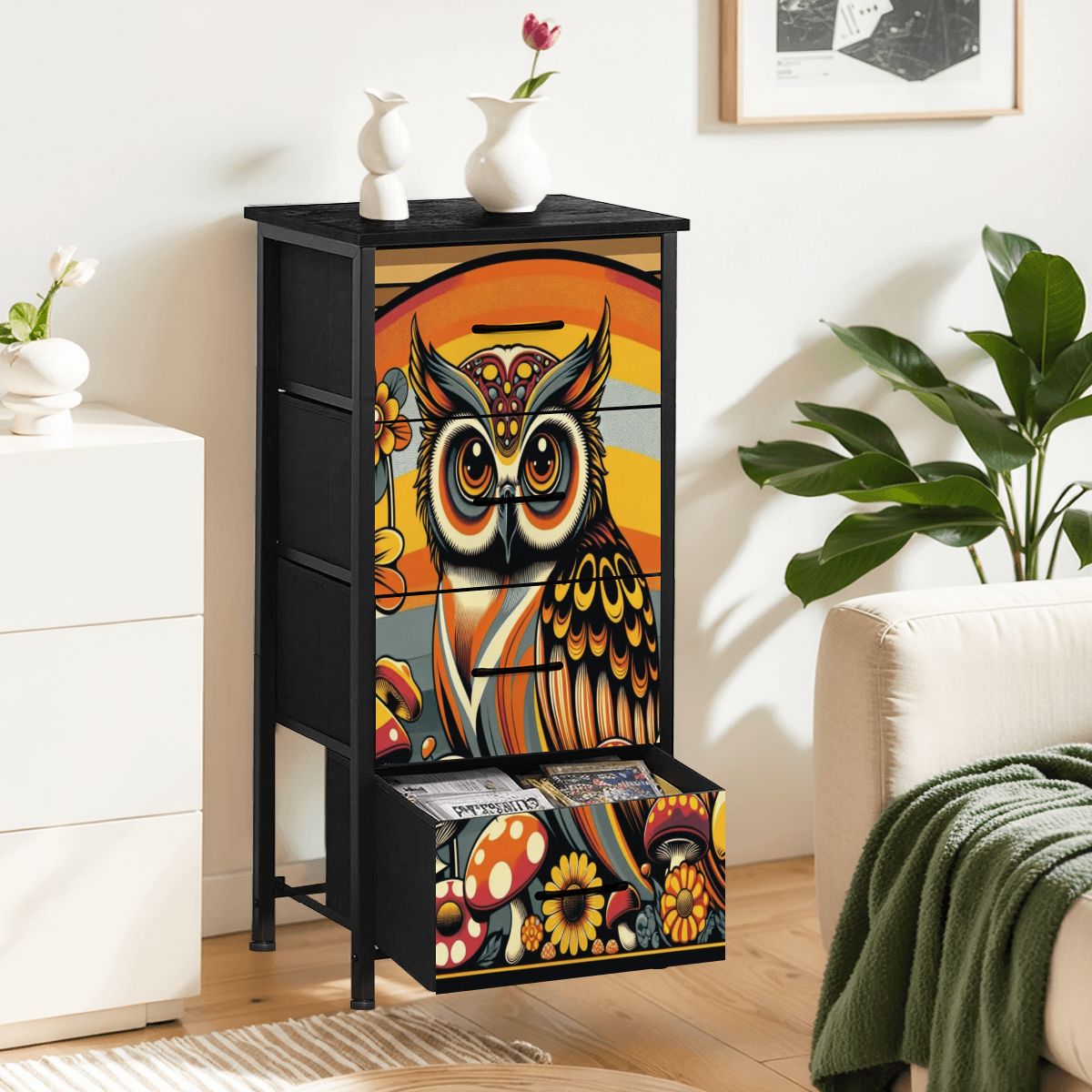 Retro 70s Owl Mushroom Groovy Mid Century Modern 4-Drawer Dresser - Mid Century Modern Gal