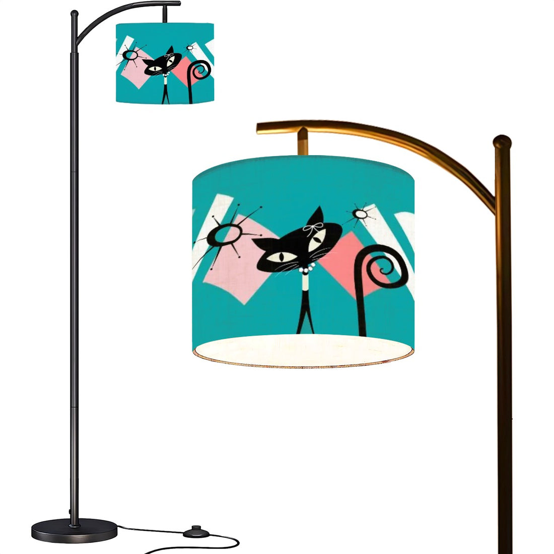 Mid Century Modern Atomic Cat,Arc Floor Lamp In Coral Aqua Kitsch Design