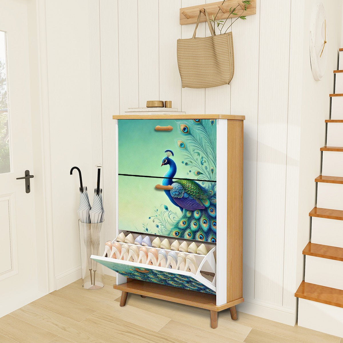 Peacock Watercolor Chinoserie Designed Blue Green, Modern Shoe Cabinet - Mid Century Modern Gal