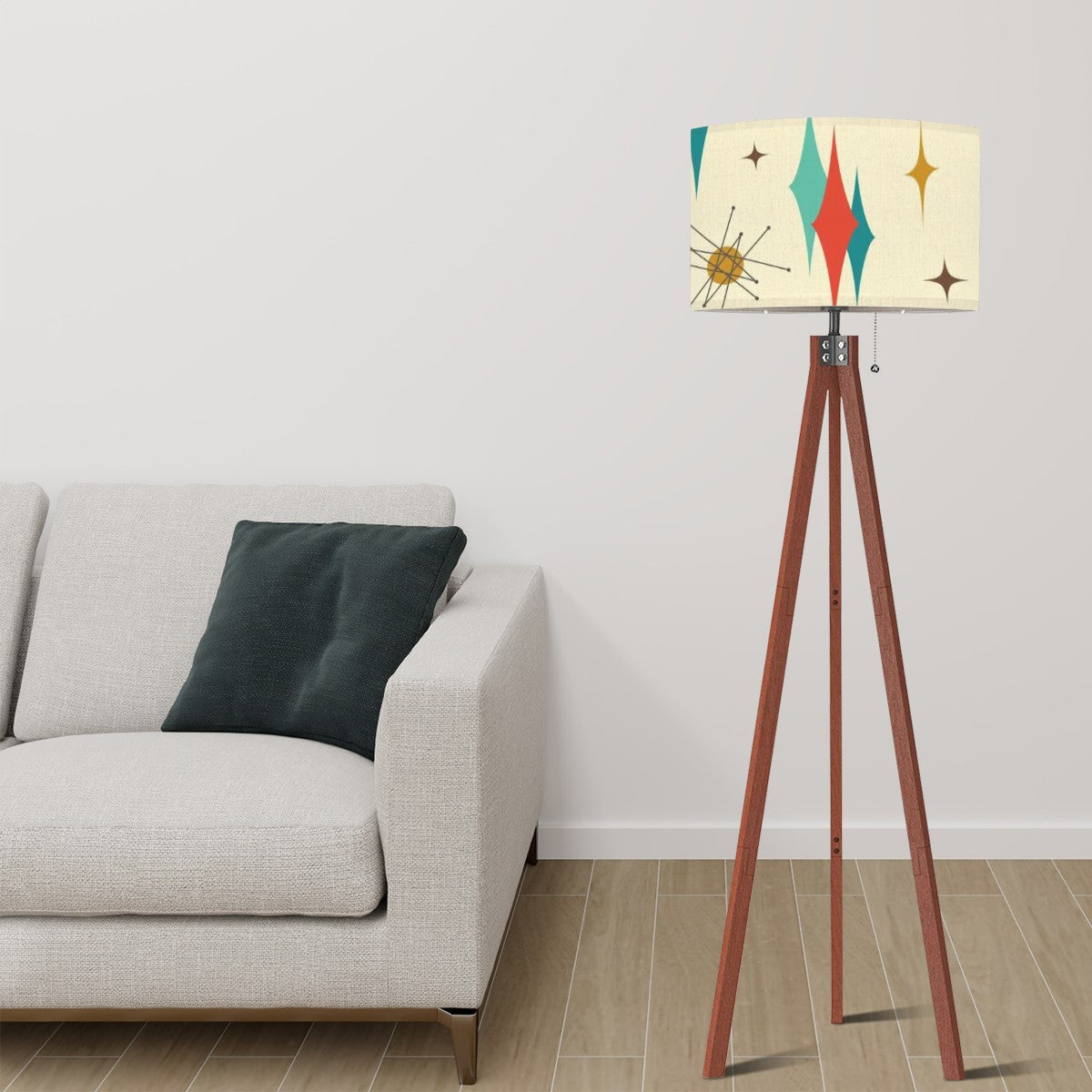 Franciscan Starburst Mid Century Modern Drum Shade Tripod Floor Lamp (Made in USA) - Mid Century Modern Gal