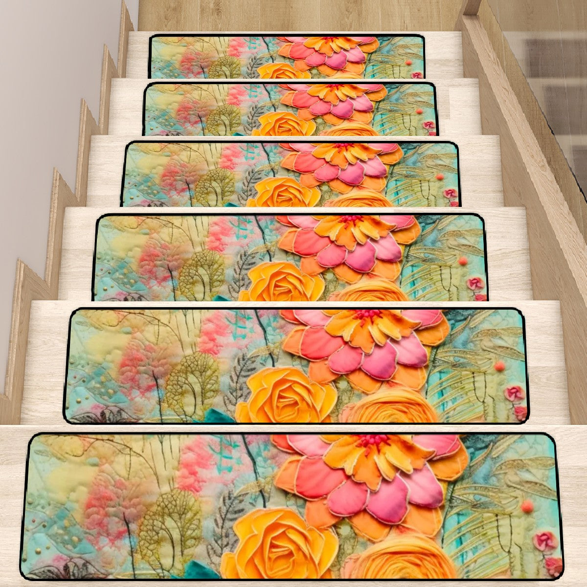 Modern Bohemian Flower Faux Pressed Flowers Non Slip Carpet for Stairs Treads