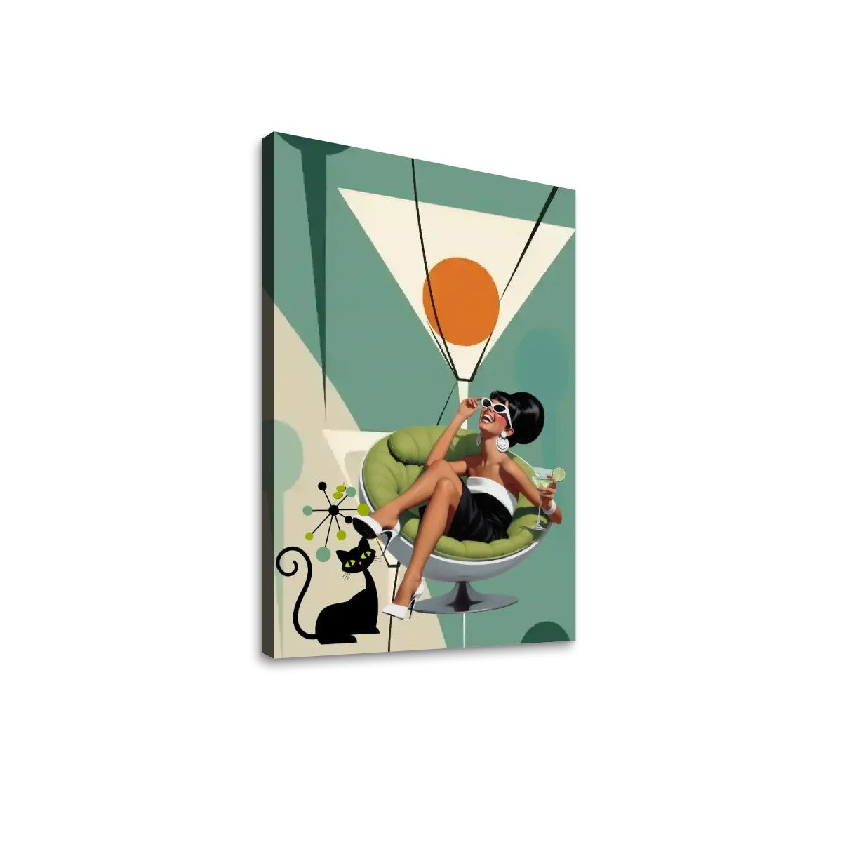 Mid Century Modern Atomic Cat Martini Hour, Funk Kitschy MCM Canvas Wall Art - Mid Century Modern Gal