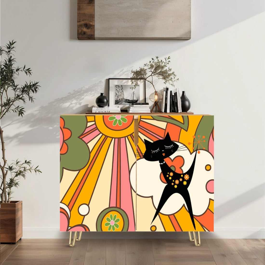 Retro 70s Groovy TV Cabinet, Sideboard Credenza With Groovy Cat Wooden Storage Cabinet - Mid Century Modern Gal