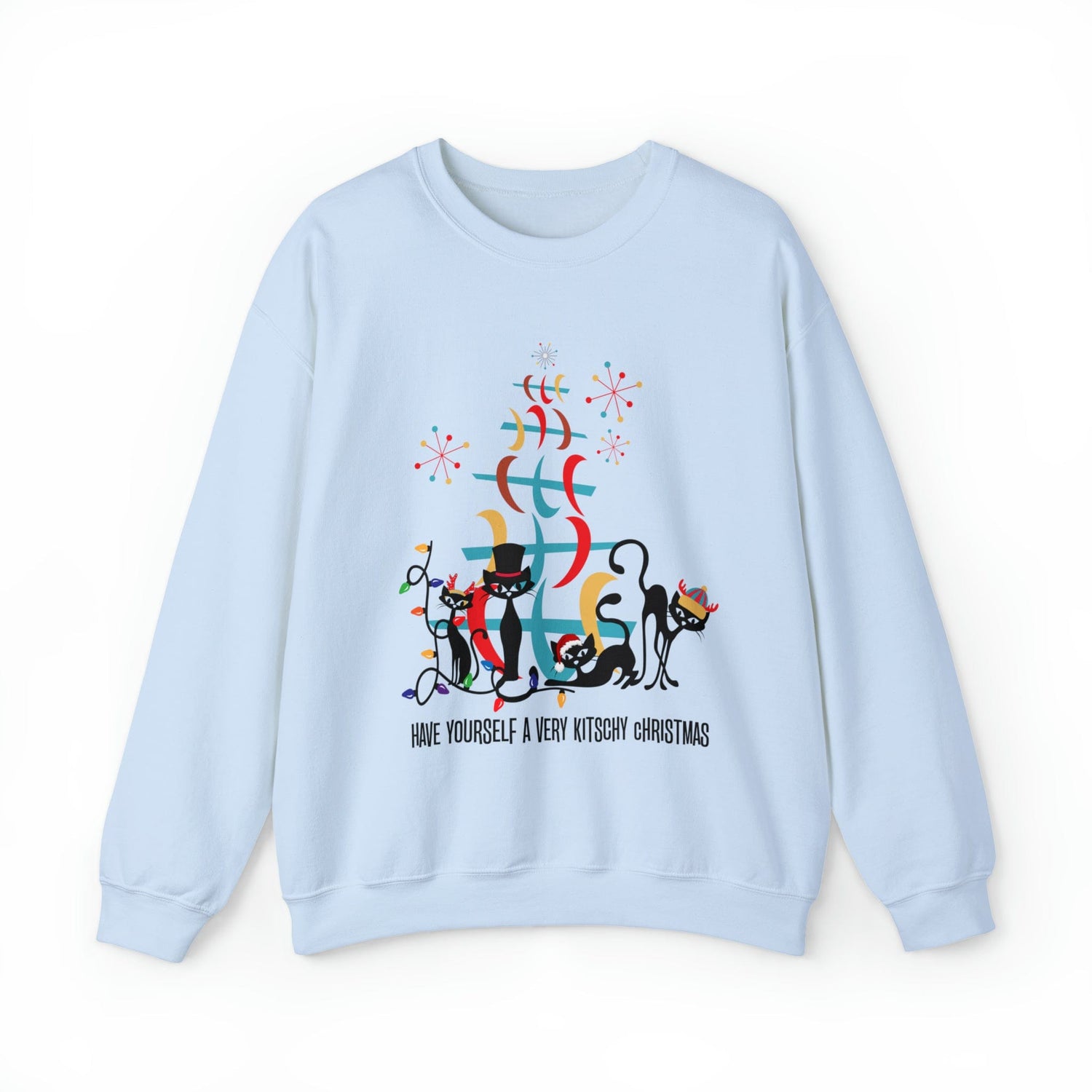 Atomic Cat Christmas Sweater, Have Yourself A Very Kitschy Christmas Cozy Loose Fit, Sweatshirt Sweatshirt 2XL / Light Blue