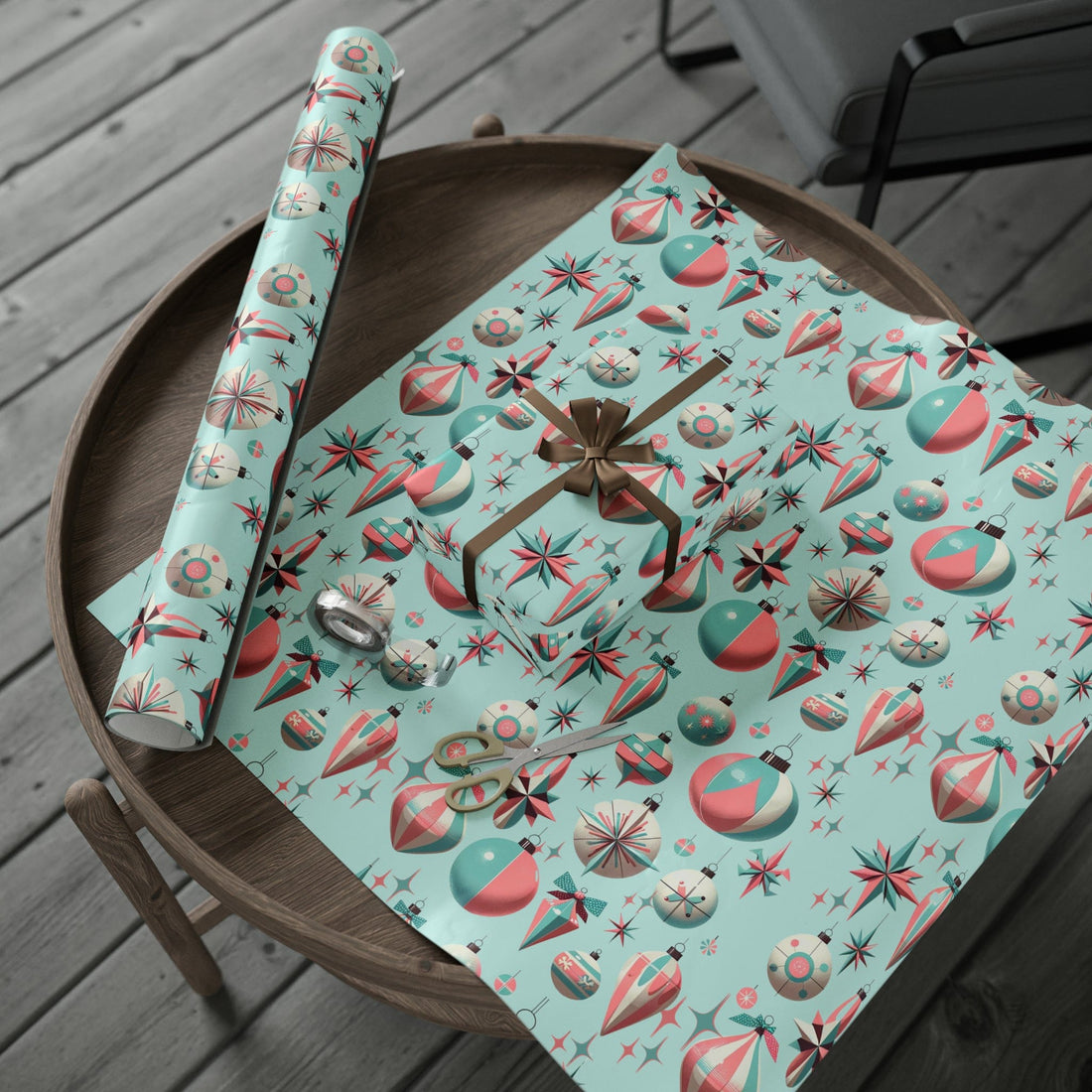 Shiny Brite Ornament Mid Century Modern Christmas Wrapping Papers In Aqua Blue, Pink, 50&