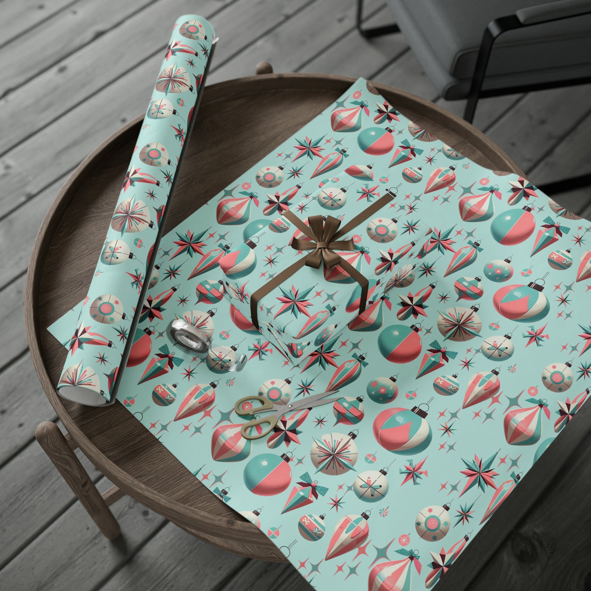 Shiny Brite Ornament Mid Century Modern Christmas Wrapping Papers In Aqua Blue, Pink, 50&