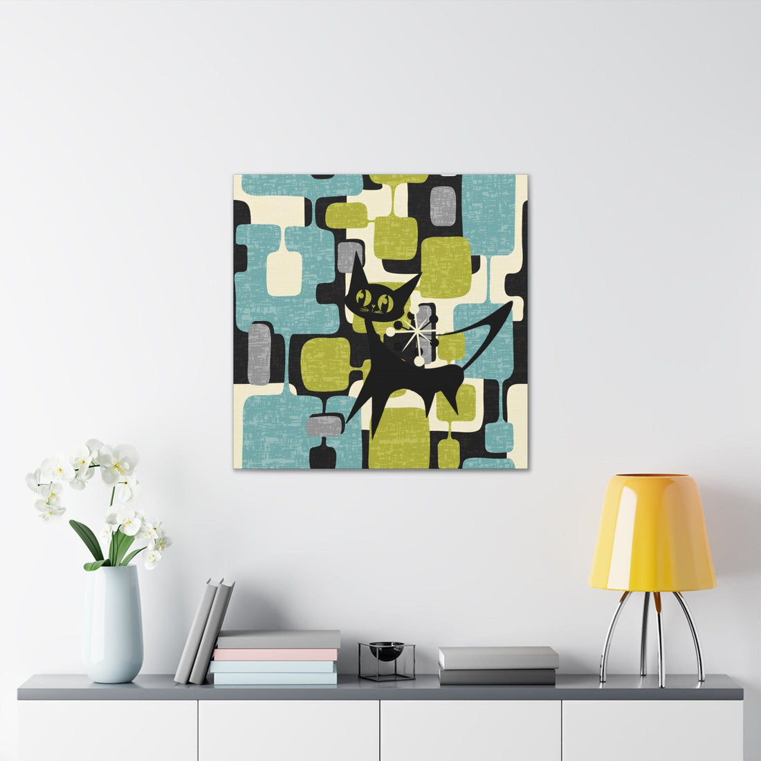 Atomic Cat, Mid Century Modern Wall Art, Geometric, Gray, Teal, Green, Beige MCM Canvas Art Canvas 30″ x 30″ / Premium Gallery Wraps (1.25″)