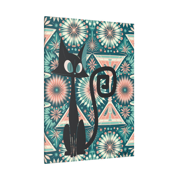 Mid Century Modern Wall Art, Original Atomic Kitschy Cat, Teal, Pink 50s Style Matte Canvas