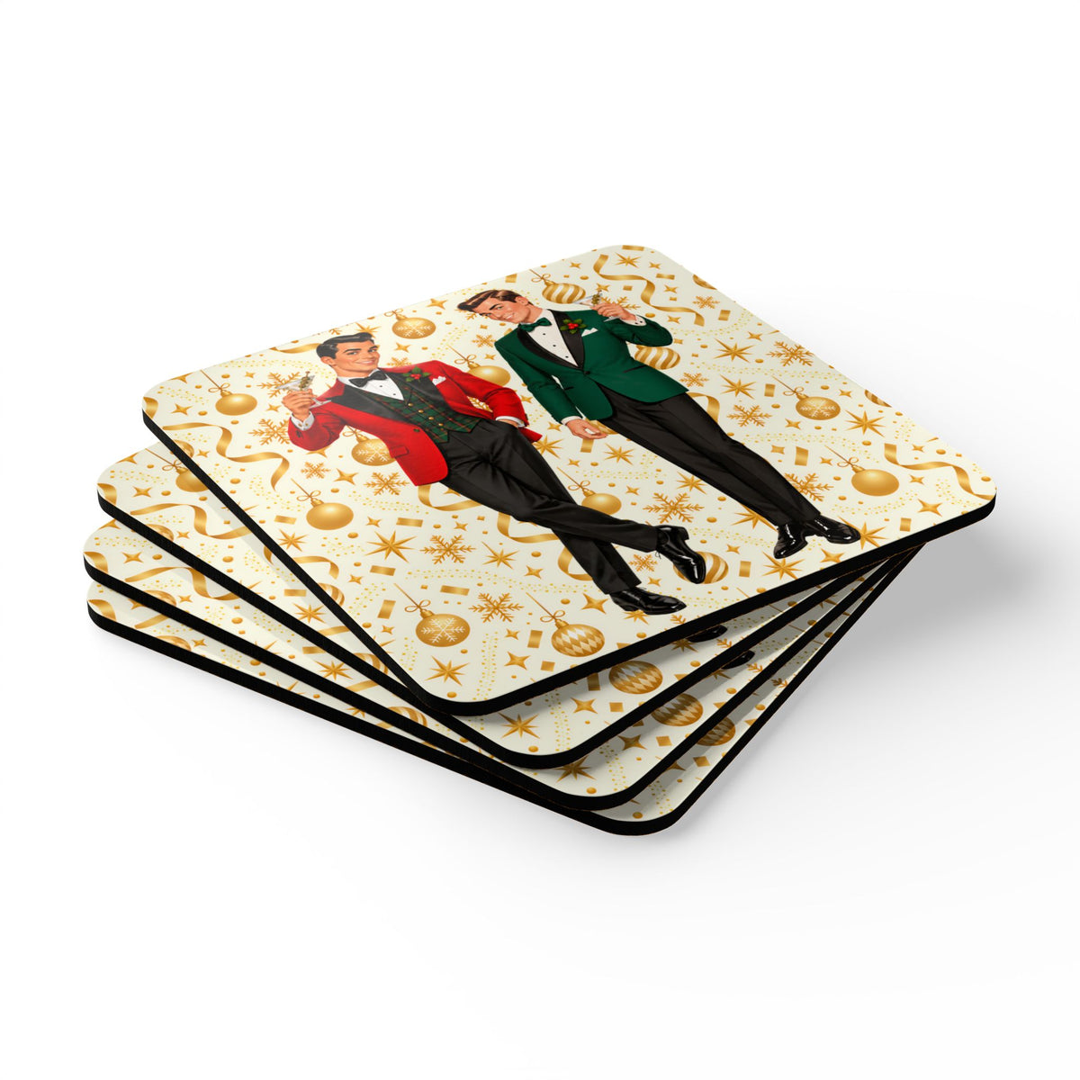 Mid Century Modern Christmas Martini Dapper Gay Male Couple Corkwood Coaster Set