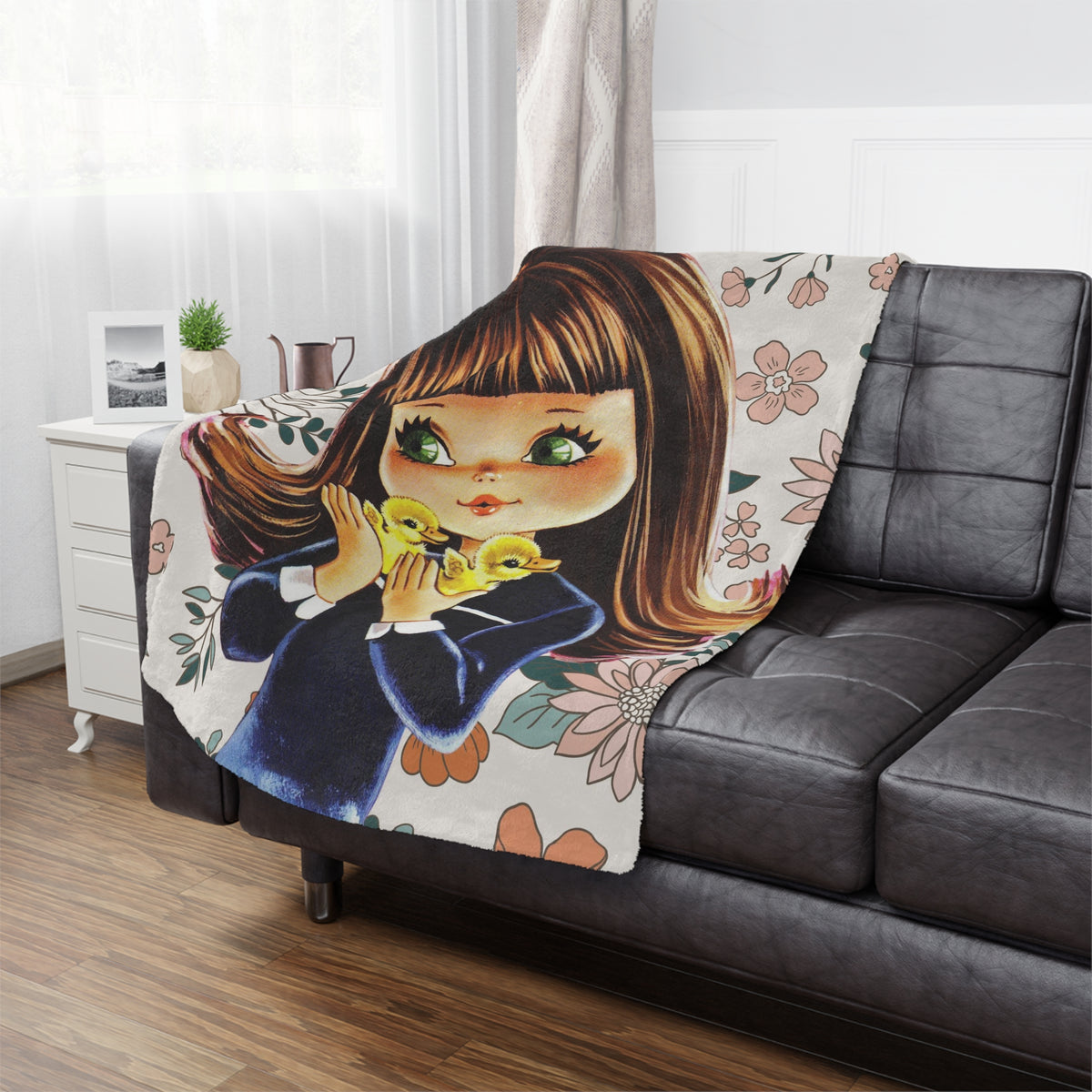70's Groovy Style, Big Eyed Girl,  Brown Hair, Flower Power, Baby Ducklings, Retro 1970's Home Decor Minky Blanket - Mid Century Modern Gal