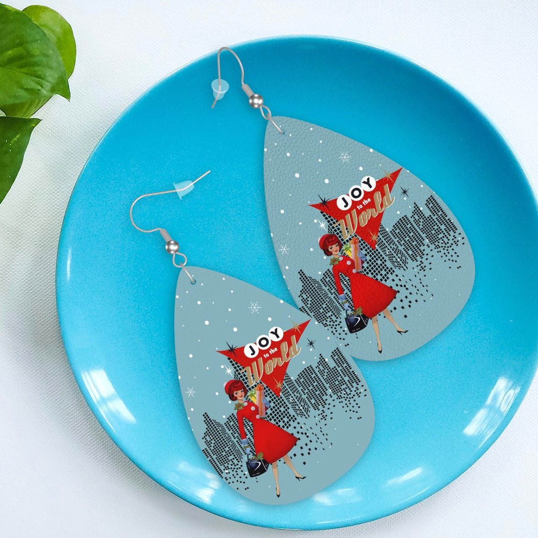 Mid Century Modern Christmas City Mod Gal Joy To The World Faux Leather Teardrop Earrings - Mid Century Modern Gal