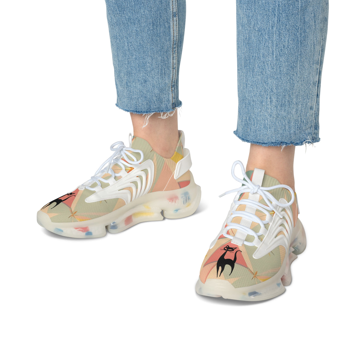 Atomic Retro Footwear, Kitschy Cat Colorful Women's Mesh Sneakers - Stylish & Comfortable Athletic Shoes - Mid Century Modern Gal