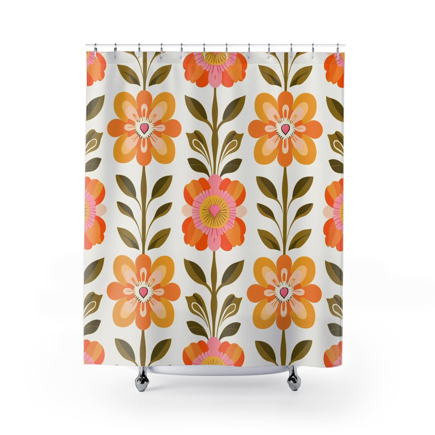 Scandinavian Floral Modern Danish Orange Yellow Green Boho Floral Shower Curtain - Mid Century Modern Gal