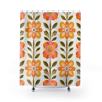 Scandinavian Floral Modern Danish Orange Yellow Green Boho Floral Shower Curtain - Mid Century Modern Gal