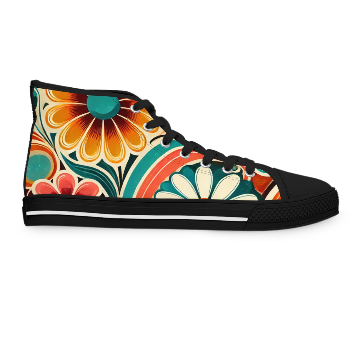 Retro 70s Bohemian Floral Women's High Top Sneakers - Vibrant Style for Every Occasion - Mid Century Modern Gal