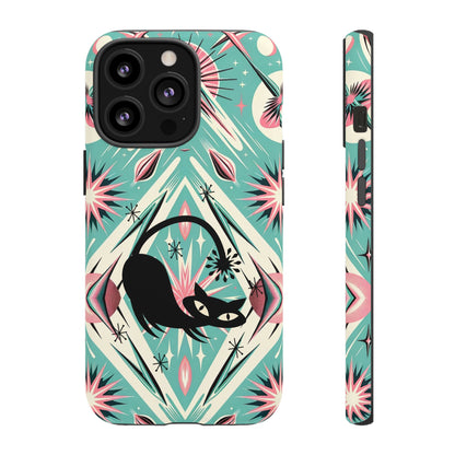 Atomic Cat, Mid Century Modern Aqua Blue, Pink, Starbursts Tough Phone Case