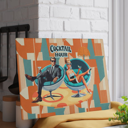 Mid Century Modern Barware Tabletop Glass Cutting Board With Mod 60s Couple,Retro Cocktail Hour - Mid Century Modern Gal