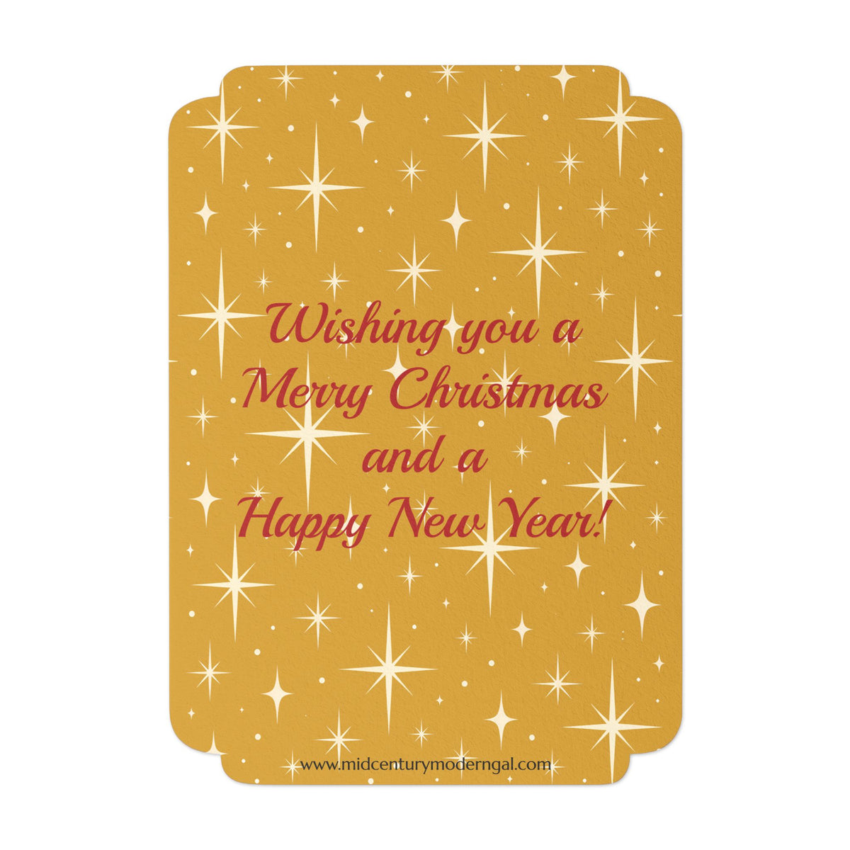 Mid Century Modern Christmas Glamour Gal Wrapping Presents by Tree, Gold Atomic Starbursts Flat Postcard Style Christmas Greeting Cards