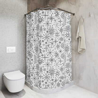 Atomic Space Doodle Art Retro Mod Shower, Black And White Shower Curtain