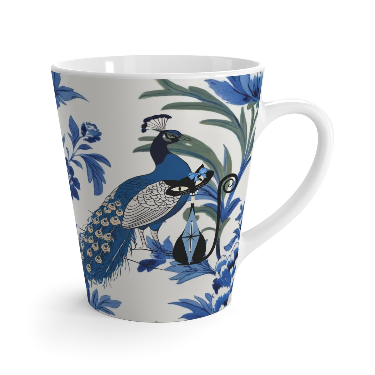 Chinoiserie Elegant Peacock, Atomic Cat Black Cat Lover, Latte Mug - Artistic Blue Floral Design - Mid Century Modern Gal