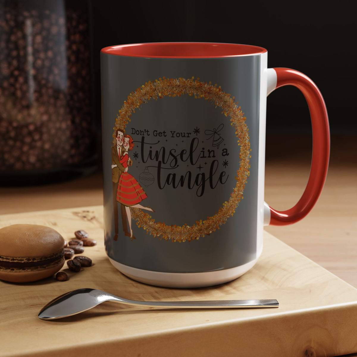 Vintage 50s kitschy Christmas mug featuring a playful design with the phrase "Don't Get Your Tinsel In A Tangle" and festive graphics.