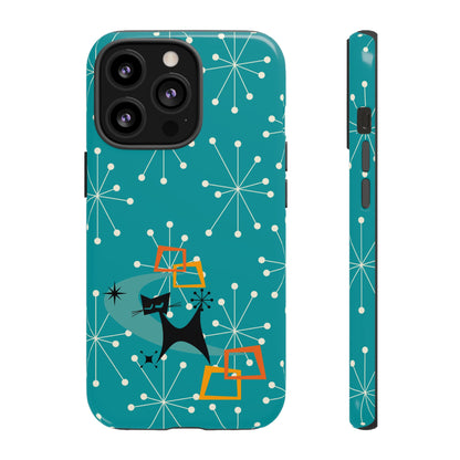 Atomic Space Cat, Starburst Blue, Retro Groovy Smart Phone Tough Phone Cases