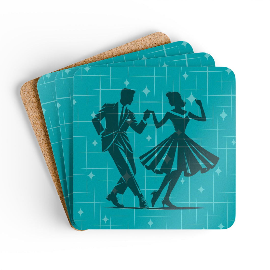 Vintage 50s Kitsch Couple Dance Cork Coaster Set - Retro Style Barware for Home Decor - Mid Century Modern Gal