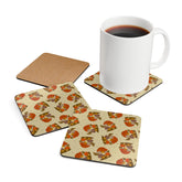 70s Vintage Merry Mushroom Groovy Hippie Kitchen Orange, Brown Corkwood Coaster Set - Mid Century Modern Gal