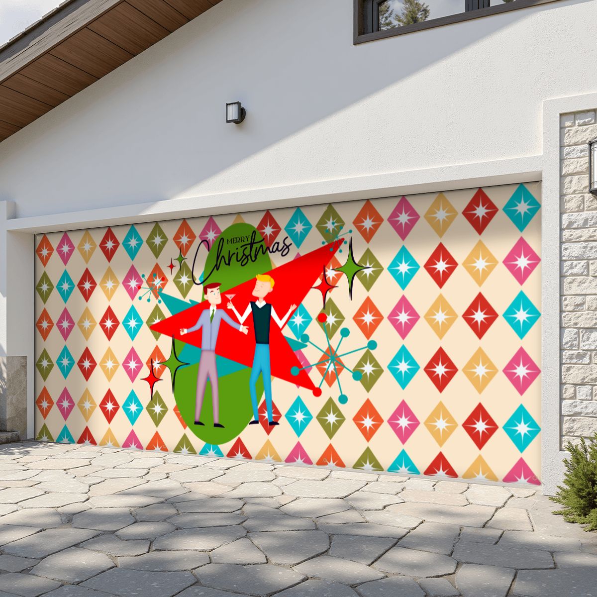 Mid Century Modern Christmas Gay Male Couple, Kitschy 50s Style Garage Door Banner Backdrop - Mid Century Modern Gal