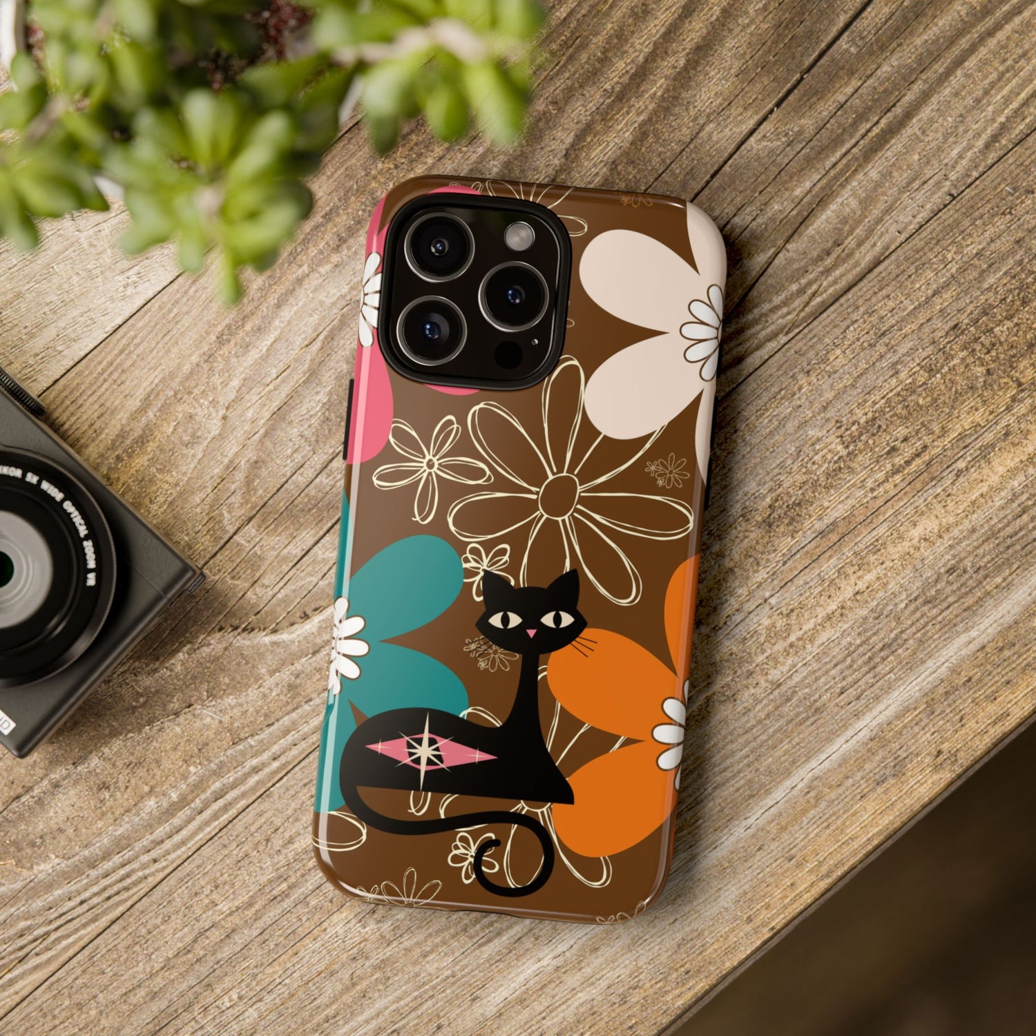 Atomic Cat Retro 70s Vibe Flower Power Tough Cases: Cute Floral and Cat Phone Case for Cat Lovers
