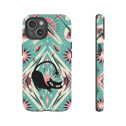 Atomic Cat, Mid Century Modern Aqua Blue, Pink, Starbursts Tough Phone Case