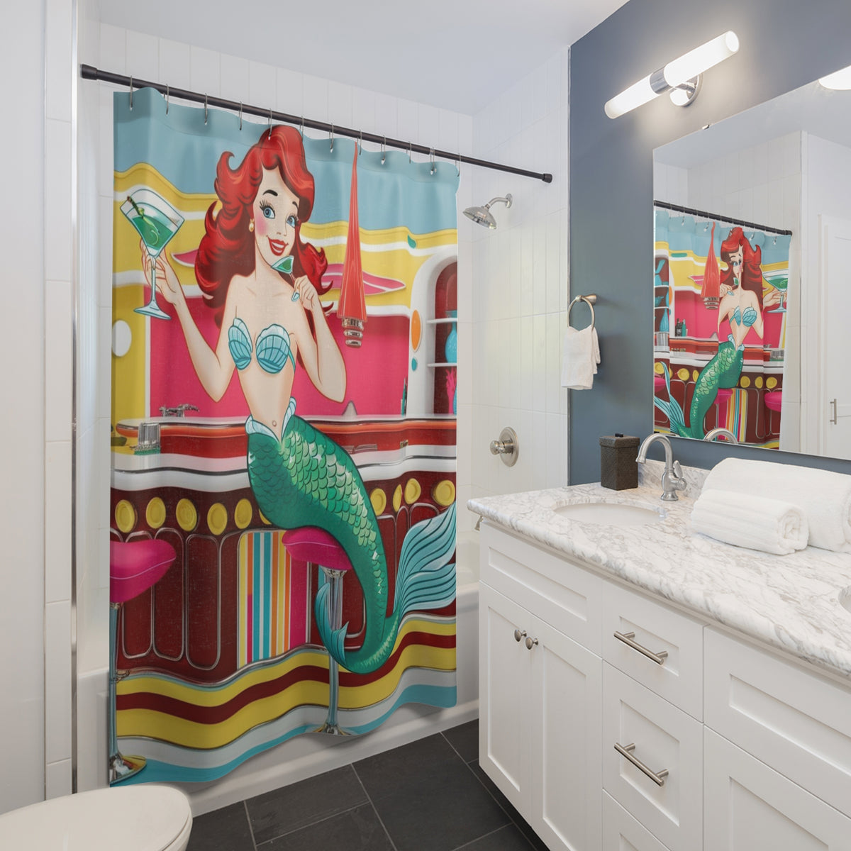 Retro Mermaid Shower Curtain - Fun Mid Mod Nautical Decor for Beach Lovers - Mid Century Modern Gal