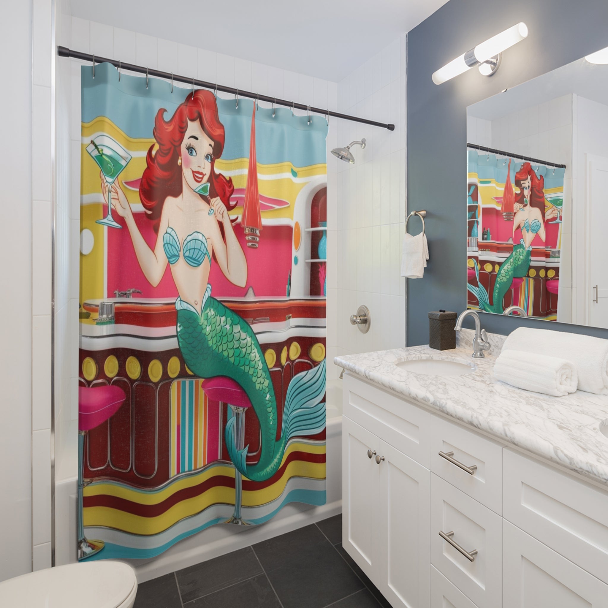 Retro Mermaid Shower Curtain - Fun Mid Mod Nautical Decor for Beach Lovers - Mid Century Modern Gal