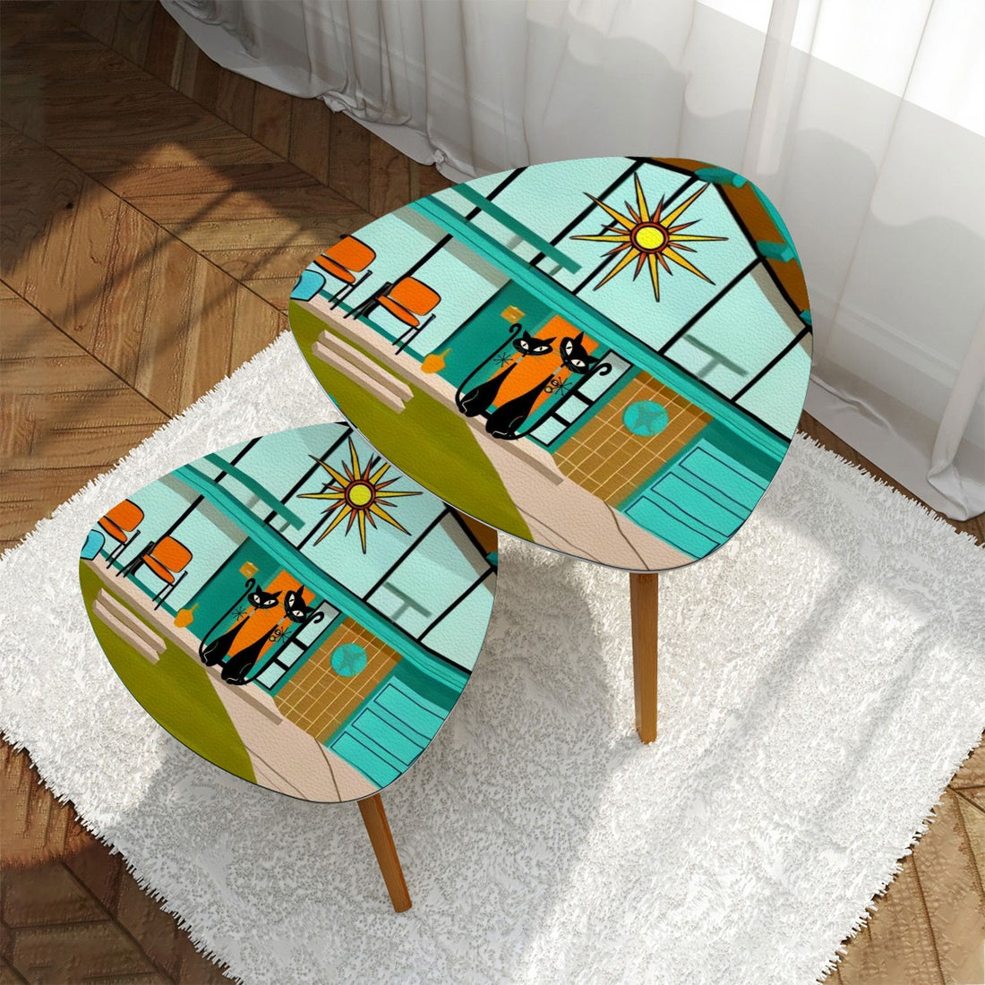 Mid Century Modern Home, Atomic Cat Designed, Retro Mod Nesting Tables