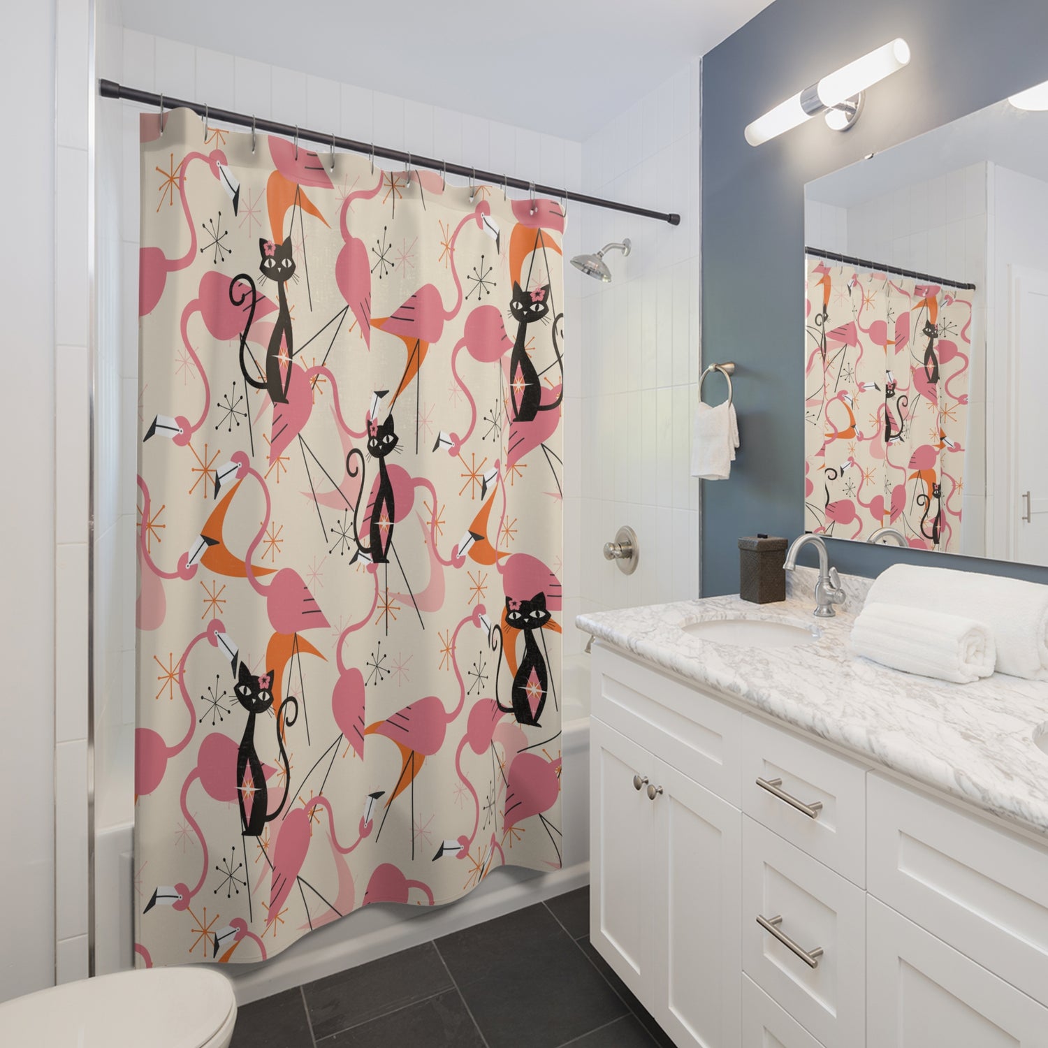 Atomic Cat, Whimsical Flamingos, Kitschy Mid Century Modern Shower Curtain - Stylish Bathroom Decor - Mid Century Modern Gal