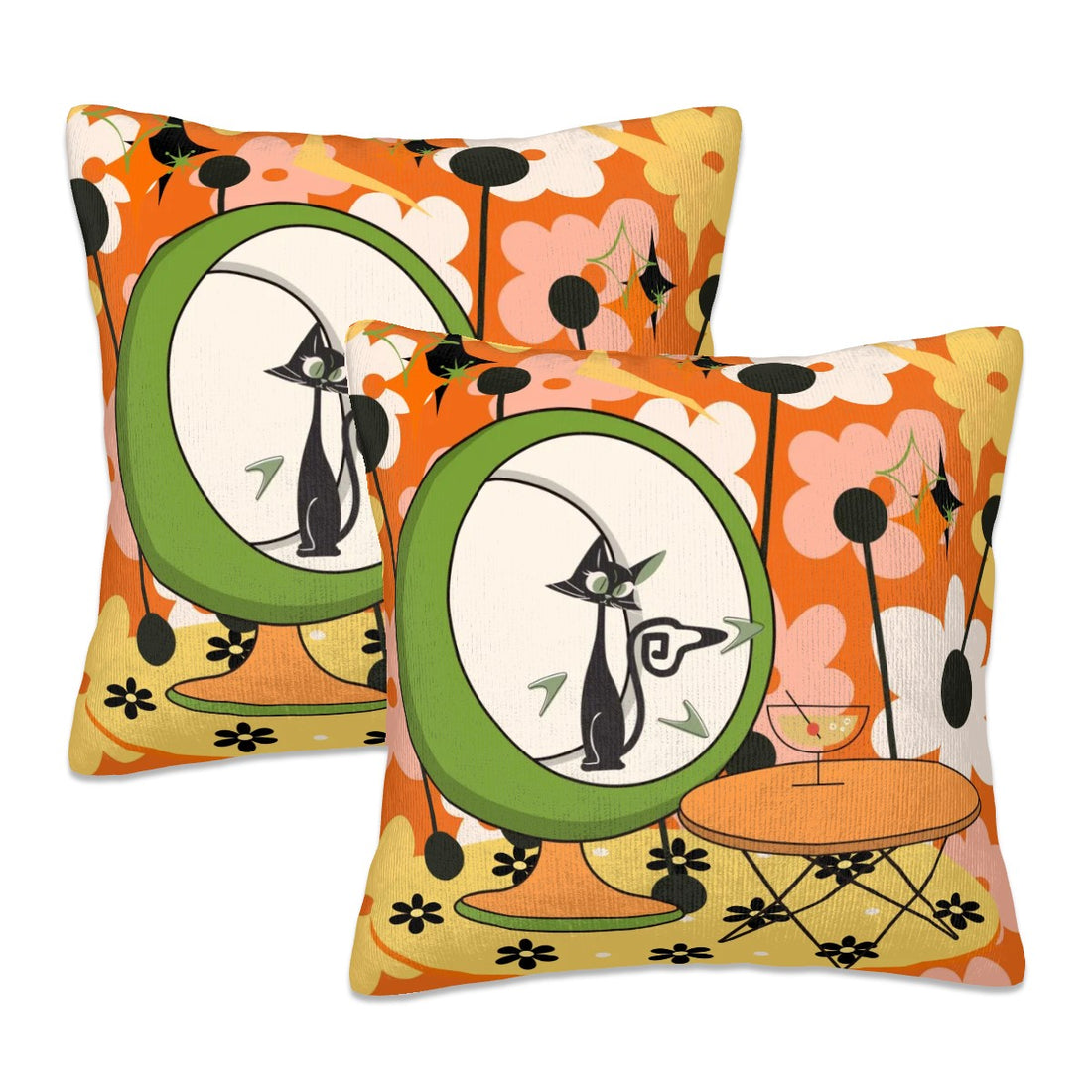 Retro Flower Power Groovy Cat Plush Throw Pillow Covers 2 pcs - Mid Century Modern Gal