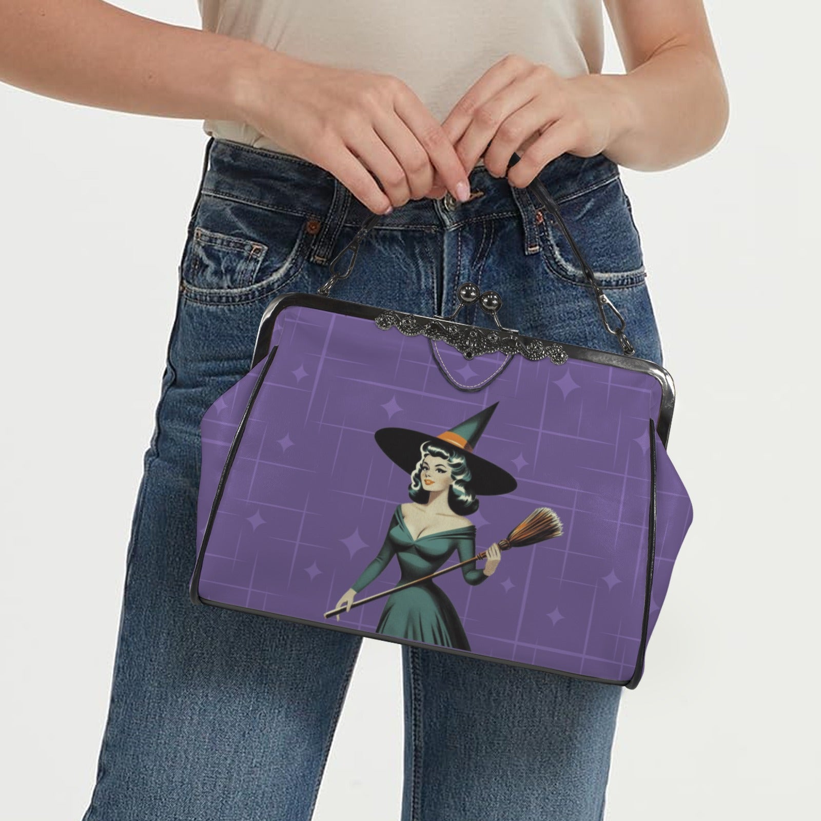 Mid Century Modern Vintage Pin Up Witch Purple Teal Halloween Kisslock Crossbody Purse - Mid Century Modern Gal