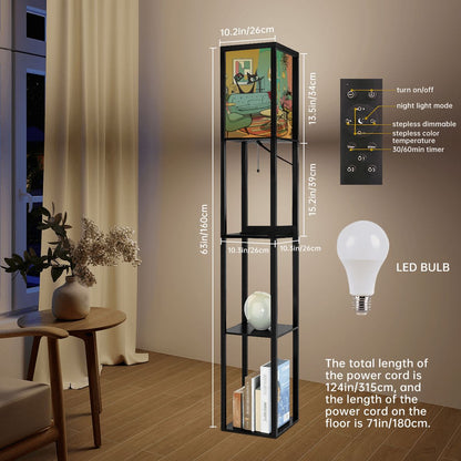 Mid Mod Retro Floor Lamp with Shelves, Adorned With Atomic Kitschy Cats In MCM Livingroom Scene - Mid Century Modern Gal