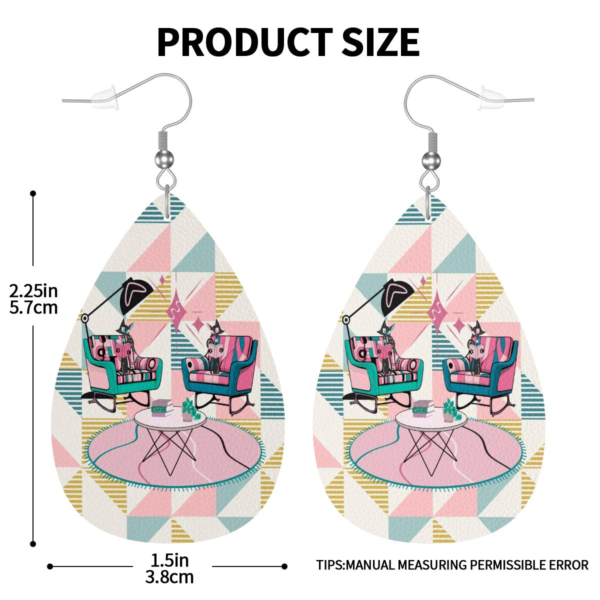 Atomic Reading Cats, Kitschy Mod Fun Quirky Faux Retro Leather Teardrop Earrings - Mid Century Modern Gal