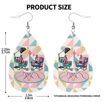 Atomic Reading Cats, Kitschy Mod Fun Quirky Faux Retro Leather Teardrop Earrings - Mid Century Modern Gal