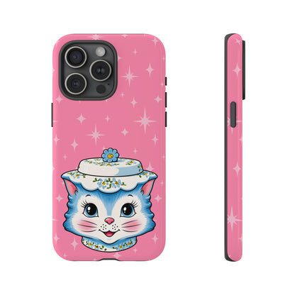 Mid Century Modern Kitschy Anthropomorphic Blue Cat with Floral Hat Tough Phone Case